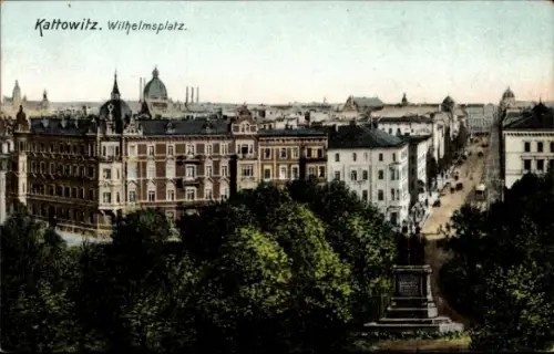 Ak Katowice Kattowitz Oberschlesien,  Wilhelmsplatz, Stadtansicht, Monument