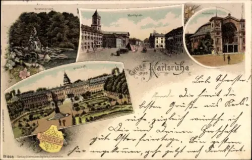 Ak Karlsruhe in Baden, Nymphengrappe, Marktplatz, Schloss,  FIDELITAS