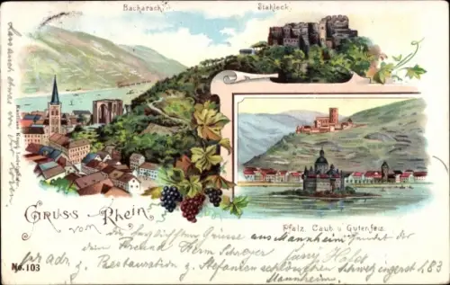 Ak Bacharach am Rhein,  Stahleck, Rheinlandschaft, Weintrauben,  No. 103
