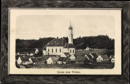 Passepartout Ak Violau Altenmünster in Schwaben, Totalansicht mit Kirche