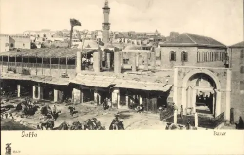 Ak Tel Aviv Jaffa Israel,  Bazar,  Marktansicht, Pferde, Gebäude