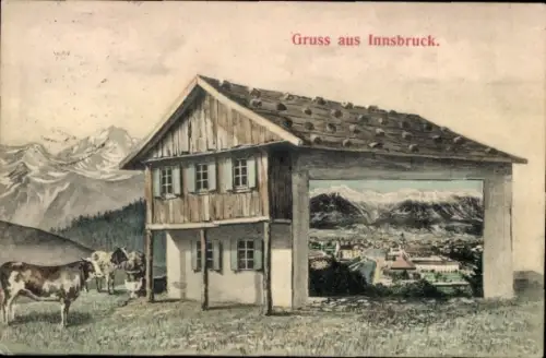 Ak Innsbruck Tirol, Patscherkofel, Haus mit Berglandschaft, Kühe, Text 'Gruss aus Innsbruck.'
