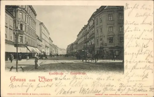 Ak Wien 1 Innere Stadt, Straße mit Pferdefuhrwerken, Lampen, Häusern, 'Gruss aus Wien'