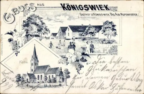 Litho Königswiek Gerbstedt im Harzvorland, Gasthof zu Königswiek, Bes. Alb. Hufenreiter, Kirche