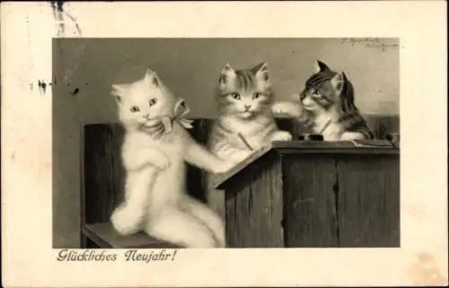 Ak Glückwunsch Neujahr, Katzen am Schulpult