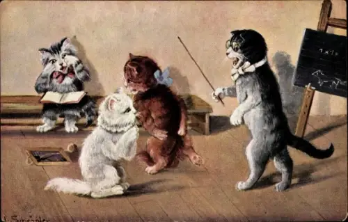 Künstler Ak Schröder, Vermenschlichte Katzen in der Schule, Lehrer, Tafel