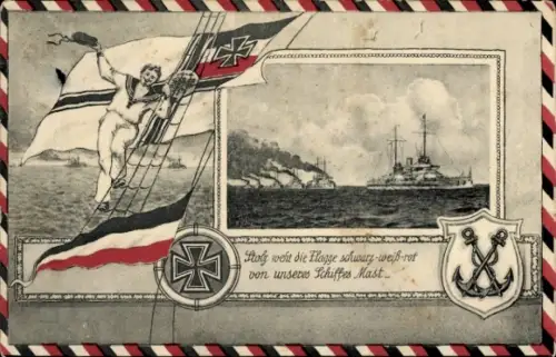 Passepartout Ak Deutsche Kriegsschiffe, Kaiserliche Marine, Matrose, Fahnen