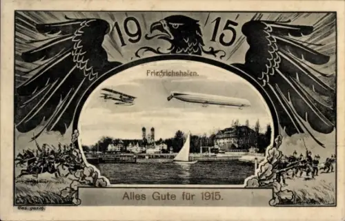 Passepartout Ak Friedrichshafen am Bodensee, Hafenpartie, Zeppelin, Neujahr 1915