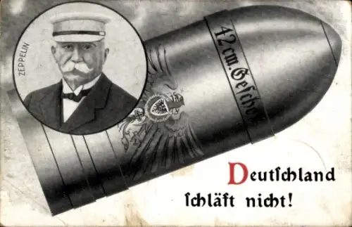 Ak Luftschiffkonstrukteur Ferdinand Graf von Zeppelin, 42 cm Geschoss