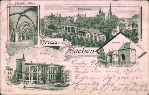 Litho Aachen, Elisenbrunnen, Rathaus