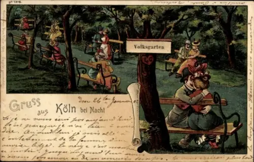 Litho Köln am Rhein, Köln bei Nacht, Volksgarten, Liebespaare