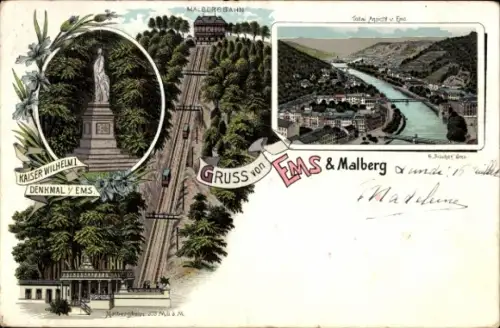 Litho Bad Ems an der Lahn, Totalansicht, Malbergbahn, Kaiser Wilhelm Denkmal