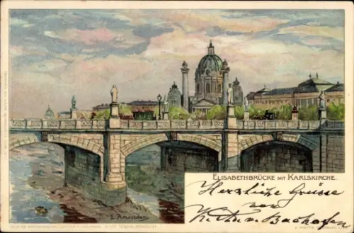 Künstler Litho Ameseden, E., Wien 1. Innere Stadt Österreich, Elisabethbrücke mit Karlskirche