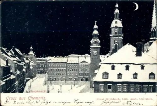 Ak Chemnitz Sachsen, Partie am Hauptmarkt bei Nacht, Winter, Glockenturm