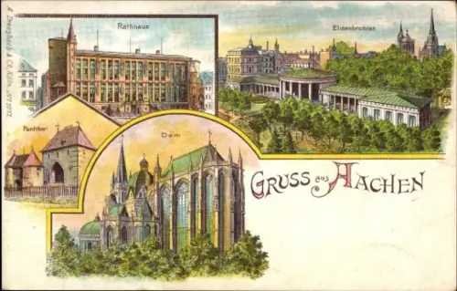 Litho Aachen, Elisenbrunnen, Dom, Rathaus