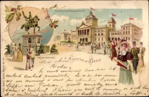 Litho Bern Stadt Schweiz, Parlamentsgebäude, Erlach-Denkmal