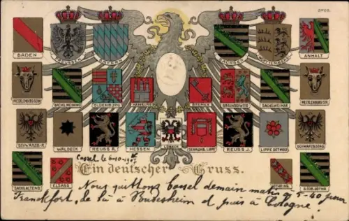 Präge Wappen Ak Ein deutscher Gruß, Kaiser Wilhelm II., Anhalt, Sachsen, Hamburg, Bayern