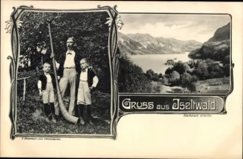 Ak Iseltwald Kanton Bern, Gesamtansicht, Menschen in Trachten