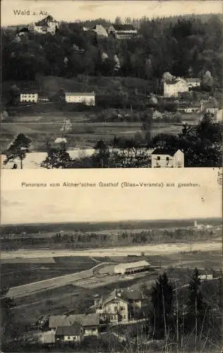 Ak Wald an der Alz Garching an der Alz, Gesamtansicht, Gasthof, Glas-Veranda