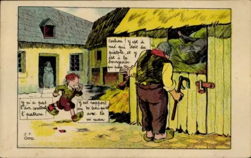 Ak Liebespaar im Stall, Liebe, Kind, Alter Mann