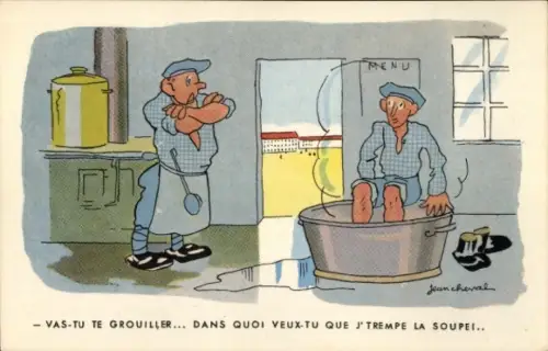 Künstler Ak Cheval, J., Koch, Küche, Herd, Mann in der Waschwanne, Fußbad