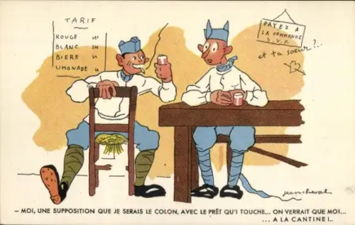 Künstler Ak Zwei Soldaten sitzen am Tisch und trinken Wein