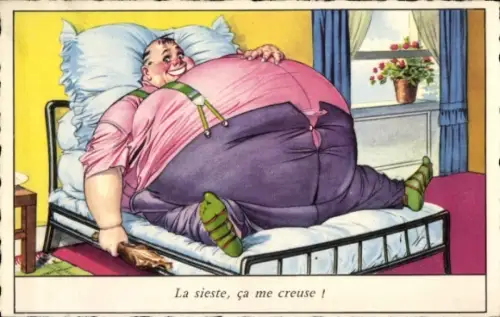 Ak Fettleibiger Mann im Bett, Blumenstrauß