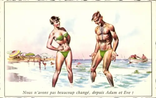 Ak Ehepaar am Strand, Bademode, Humor