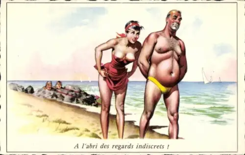 Künstler Ak Frau und Mann am Strand, Gespräch, Bademode