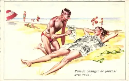 Ak Frau liegt in der Sonne, Strandleben, Zeitung