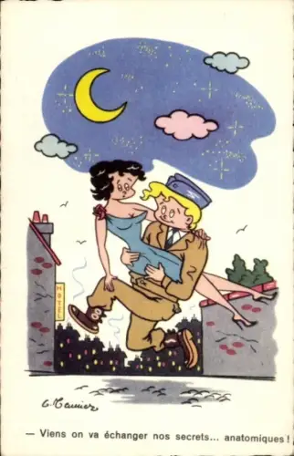 Künstler Ak Liebespaar, Mann trägt seine Freundin nach Hause, Mond