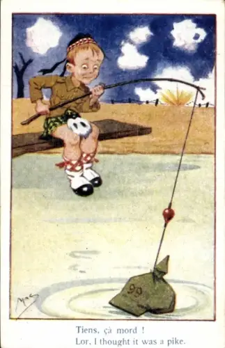 Künstler Ak Junge in schottischer Tracht beim Angeln, Pickelhaube