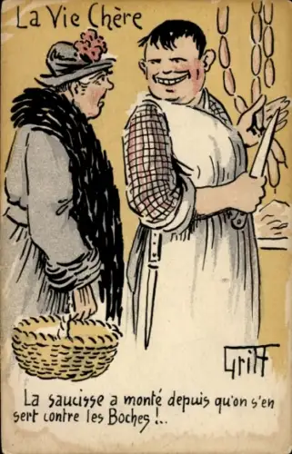 Künstler Ak Griff, Fleischer, Wurst, Verkäufer, Frau mit Korb