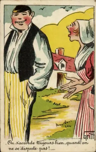 Künstler Ak Griff, Paar, Gespräch, Französische Tracht