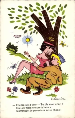 Künstler Ak Liebespaar unter einem Baum, Blumen