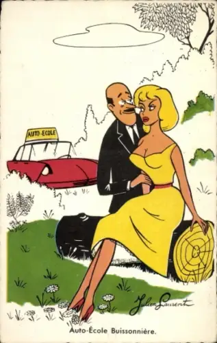 Künstler Ak Liebespaar, Gespräch, Auto