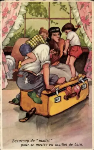 Ak Reisende, Kinder, Familie, Überfüllter Koffer