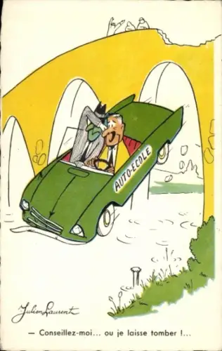 Künstler Ak Fahrschule, Humor, Brücke, Unfall