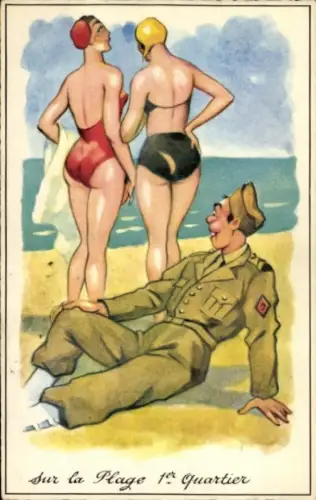 Ak Mann beobachtet zwei schöne Frauen in Bikini