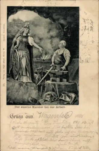 Künstler Ak Der eiserne Kanzler bei der Arbeit, Bismarck als Schmied, Germania