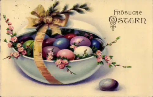 Ak Glückwunsch Ostern, Osterei mit bunten Eiern und Schleife, Weidenkätzchen