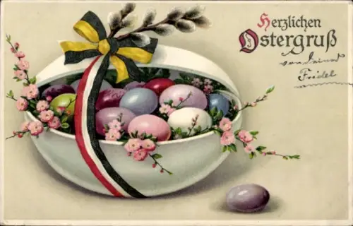Ak Glückwunsch Ostern, Ostereier, Blumen, Weidenkätzchen