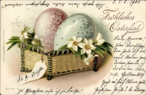 Litho Glückwunsch Ostern, bunte Ostereier, Narzissen