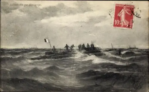 Ak Französisches U-Boot bei schwerem Wetter