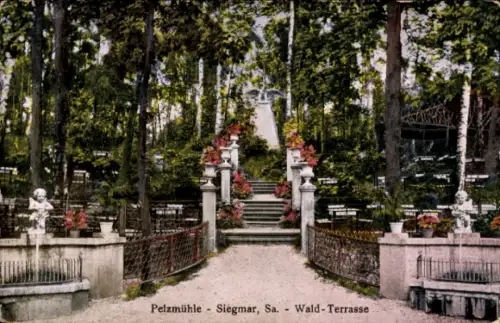 Ak Siegmar Chemnitz in Sachsen, Pelzmühle  Wald-Terrasse, Treppe, Blumen, Statuen