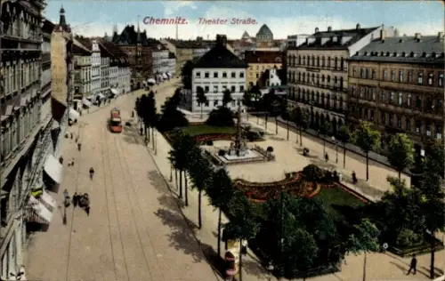 Ak Chemnitz in Sachsen,  Theater Straße, Stadtansicht, Park, Menschen, Straßenbahn