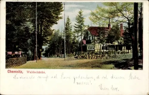 Ak Chemnitz in Sachsen,  Waldschänke, Bäume, Gebäude, Text auf 