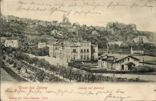 Ak Leisnig in Sachsen, Gesamtansicht, Bahnhof