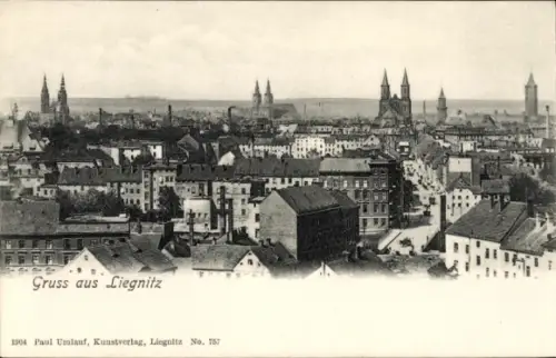 Ak Legnica Liegnitz Schlesien, Stadtansicht von  Türme, Häuser, Gruss aus  1904