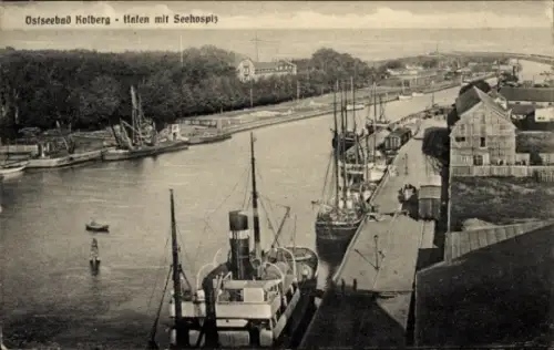 Ak Kołobrzeg Ostseebad Kolberg Pommern, Ostseebad  Hafen, Schiffe, Seehospital, Wasser